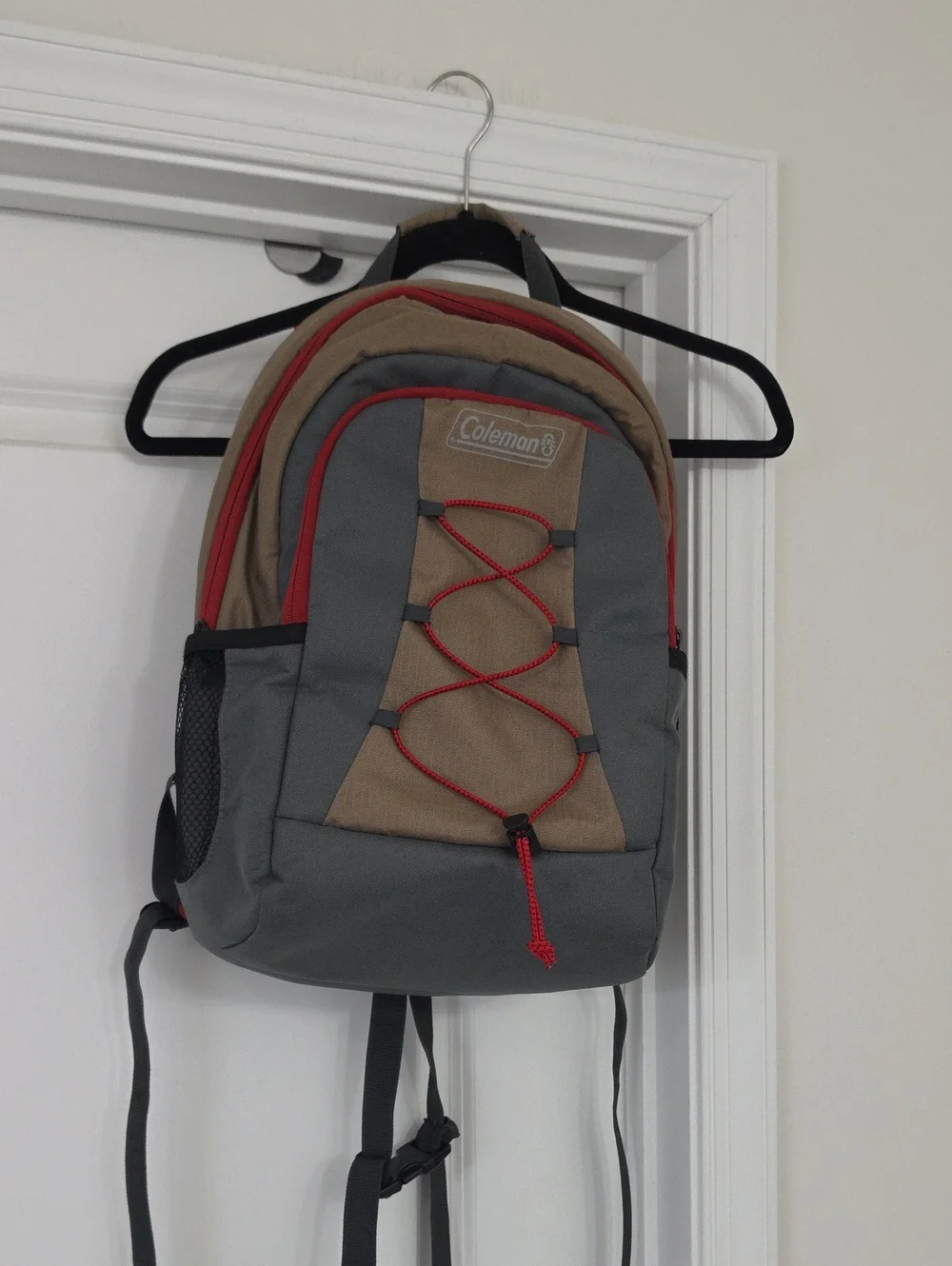 Coleman Gray and Tan Cooler Backpack with Red Cord Accents